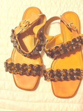 Tory Burch Tan Leather Tortoiseshell-Embellished Sandals